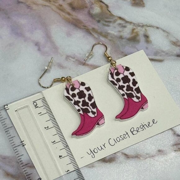 Pink and black cow print cowboy boot earrings - NEW handmade acrylic 2D earrings - Picture 2 of 4
